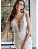 Beaded Ivory Lace Tulle Buttons Back Modern Wedding Dress
